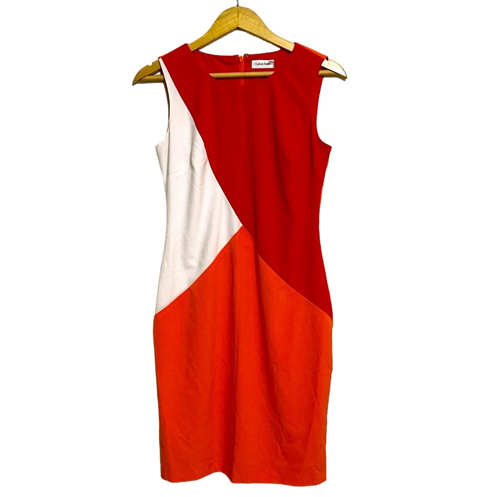 Calvin Klein Red and White Asymmetrical Bodycon Dress